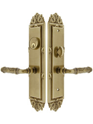 Regency F20 Function Mortise Lock Entryset in Antique with Left Hand Ribbon and Reed Levers, and Stop/Release Buttons.